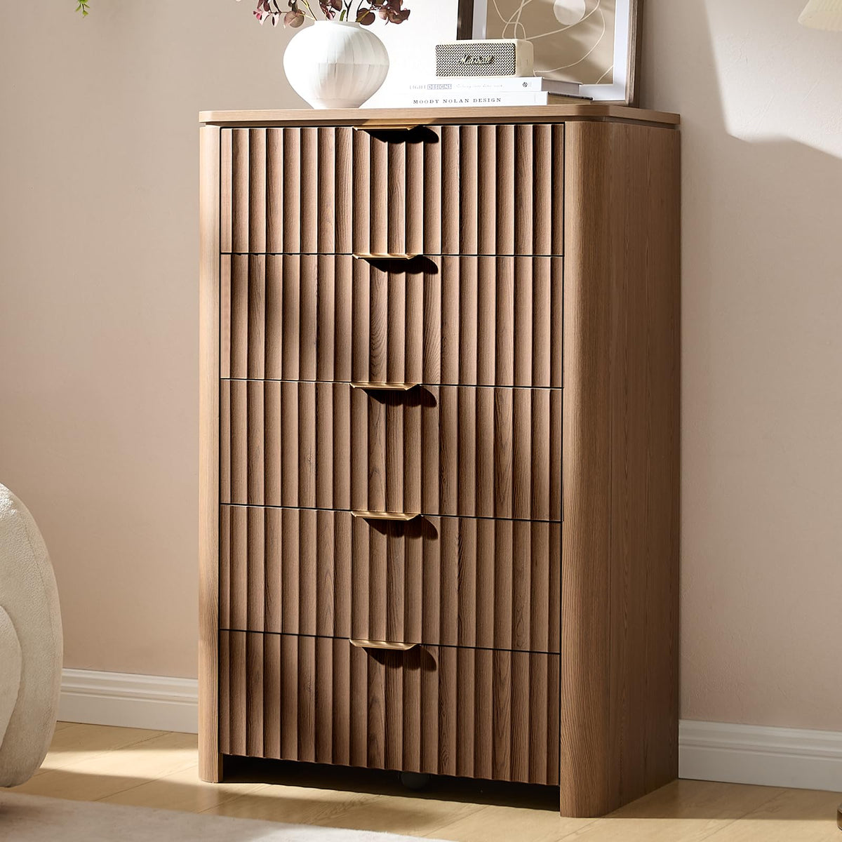 Fluted Nightstand Set of 2 with Charging Station, 23.7" Wide Modern End Table with 2 Drawers, Wooden Bedside Table for Bedroom, Curved Profile Design, Natural