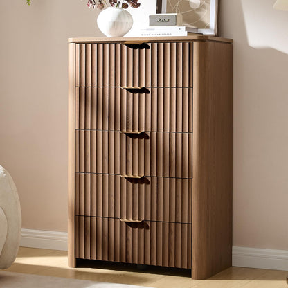 Fluted Nightstand Set of 2 with Charging Station, 23.7" Wide Modern End Table with 2 Drawers, Wooden Bedside Table for Bedroom, Curved Profile Design, Natural