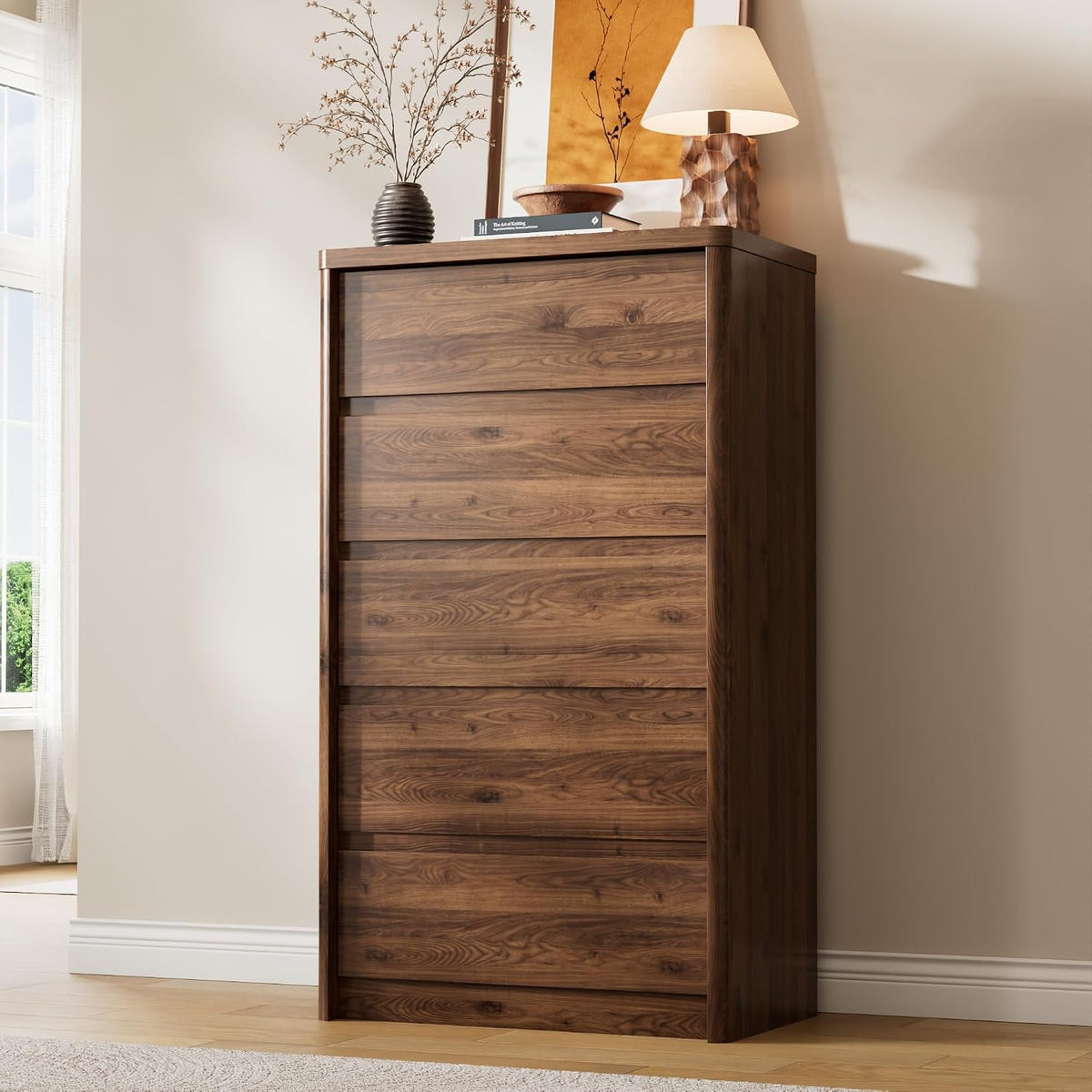 Walnut Dresser for Bedroom, 5 Drawer Dresser with Wood Legs, 47.2" Tall Wood Dresser, Mid Century Modern Chest of Drawers, Large Storage Bedroom Furniture, Walnut