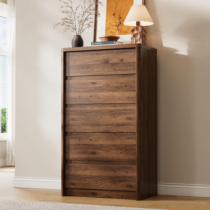 Walnut Dresser for Bedroom, 5 Drawer Dresser with Wood Legs, 47.2" Tall Wood Dresser, Mid Century Modern Chest of Drawers, Large Storage Bedroom Furniture, Walnut