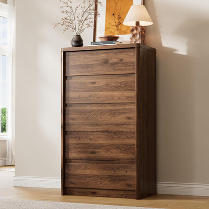 Walnut Dresser for Bedroom, 5 Drawer Dresser with Wood Legs, 47.2" Tall Wood Dresser, Mid Century Modern Chest of Drawers, Large Storage Bedroom Furniture, Walnut