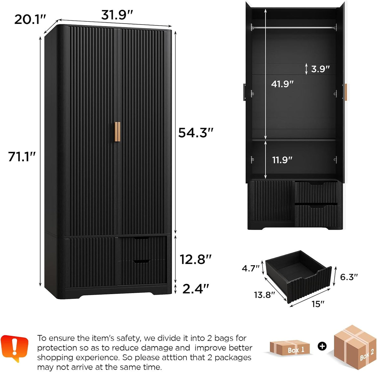 Vabches 71” Tall Armoire Wardrobe Closet with 2 Drawers and Shelves, Large Wooden Wardrobe Cabinet with Hanging Rod, Sliding Cabinet, Modern Fluted Clothing Storage Cabinet for Bedroom, Black