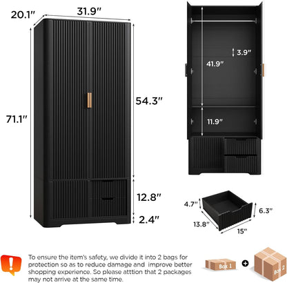 Vabches 71” Tall Armoire Wardrobe Closet with 2 Drawers and Shelves, Large Wooden Wardrobe Cabinet with Hanging Rod, Sliding Cabinet, Modern Fluted Clothing Storage Cabinet for Bedroom, Black