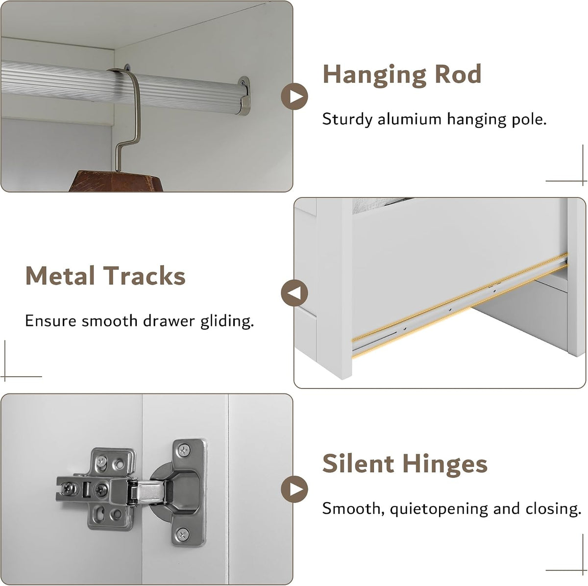 iPormis Armoire Wardrobe Closet with 2 Drawers, Modern Wooden Bedroom Armoire with Doors, Clothing Storage Cabinet with Aluminum Hanging Rod, Wardrobe Storage with Strong Door Closure, White