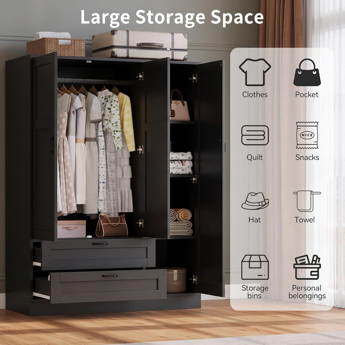 5-in-1 Narrow Armoire Wardrobe Closet, Freestanding Tall Closet with Full Length Mirror, Adjustable Shelf, 2 Drawers & Hanging Rod, Wooden Storage Cabinet for Bedroom Dorm, Black