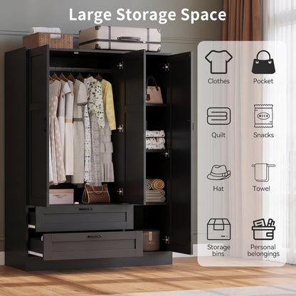 5-in-1 Narrow Armoire Wardrobe Closet, Freestanding Tall Closet with Full Length Mirror, Adjustable Shelf, 2 Drawers & Hanging Rod, Wooden Storage Cabinet for Bedroom Dorm, Black