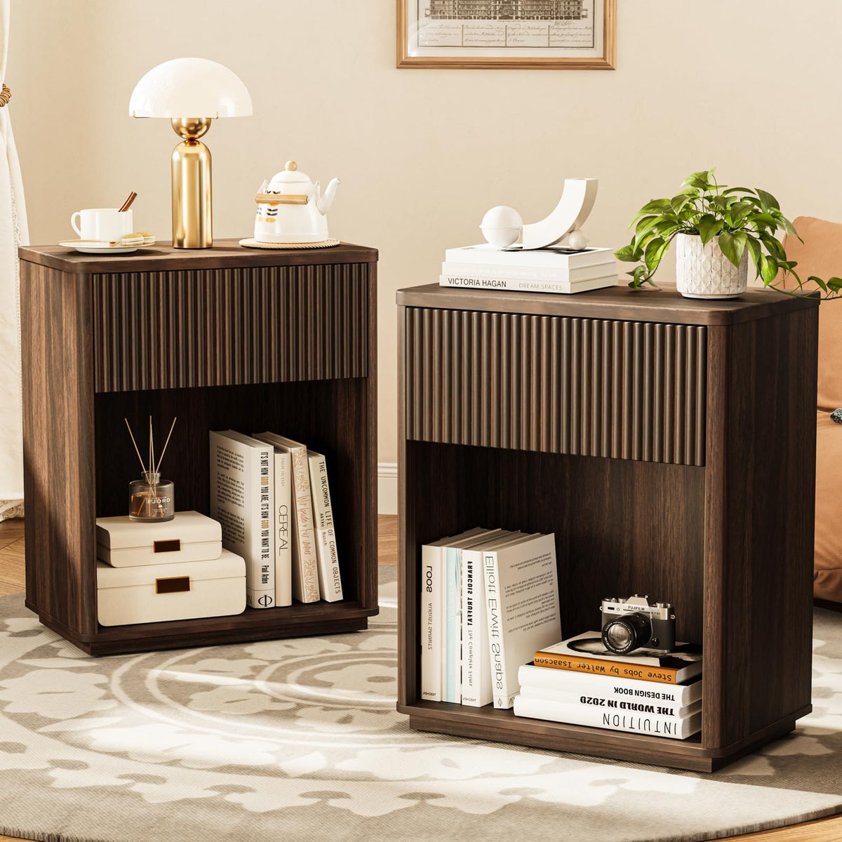 Modern Fluted Nightstand Set of 2 for Bedroom, Mid Century Bedside Table with Drawer & Open Shelf, Wood End Table, Farmhouse Night Stand for Home, Hallway, Office, Walnut