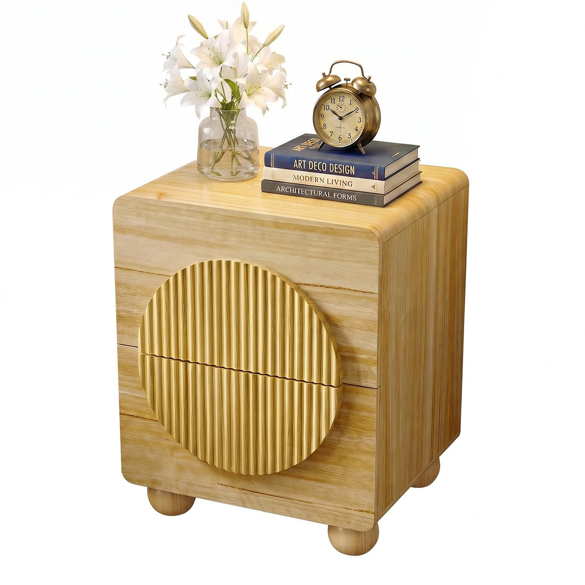 Fluted Nightstands Set of 2, 23.7'' Wide Night Stand with 3 Drawers, Mid-Century Modern Bedside Table with Handles, Wood End Table for Bedroom, Walnut