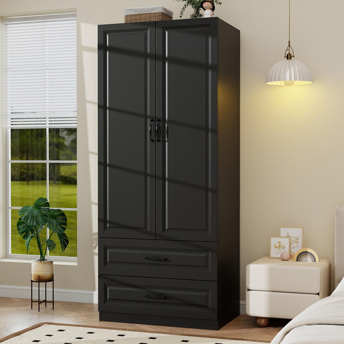 Black Armoire Wardrobe Closet with 3 Drawers, 75" H x 32" W Armoire
