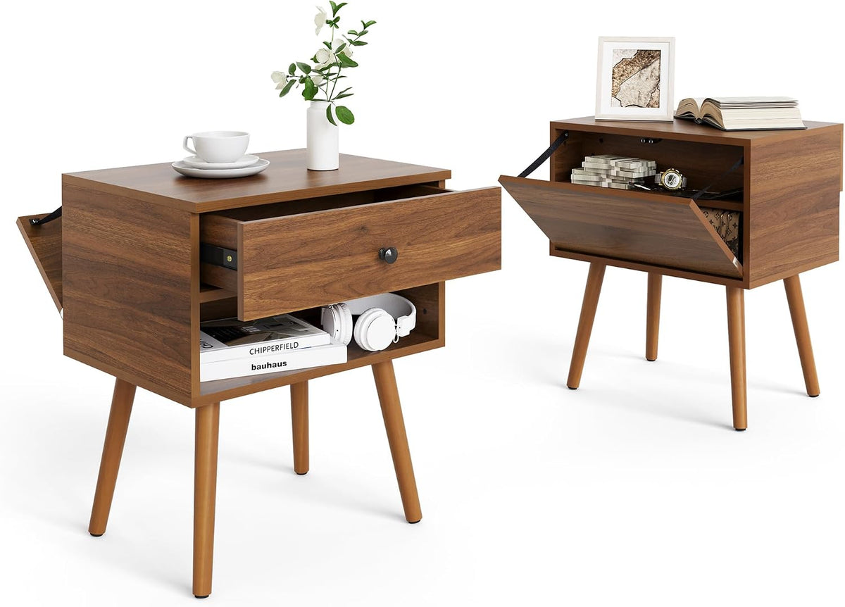 Hidden Compartment Night Stand Set 2, Mid Century Modern Concealment Furniture, End Table with Storage Drawer, Bedside Table with Wood Legs for Bedroom (2,Walnut)