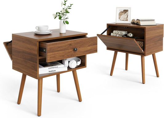 Hidden Compartment Night Stand Set 2, Mid Century Modern Concealment Furniture, End Table with Storage Drawer, Bedside Table with Wood Legs for Bedroom (2,Walnut)