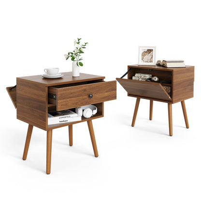 Hidden Compartment Night Stand Set 2, Mid Century Modern Concealment Furniture, End Table with Storage Drawer, Bedside Table with Wood Legs for Bedroom (2,Walnut)