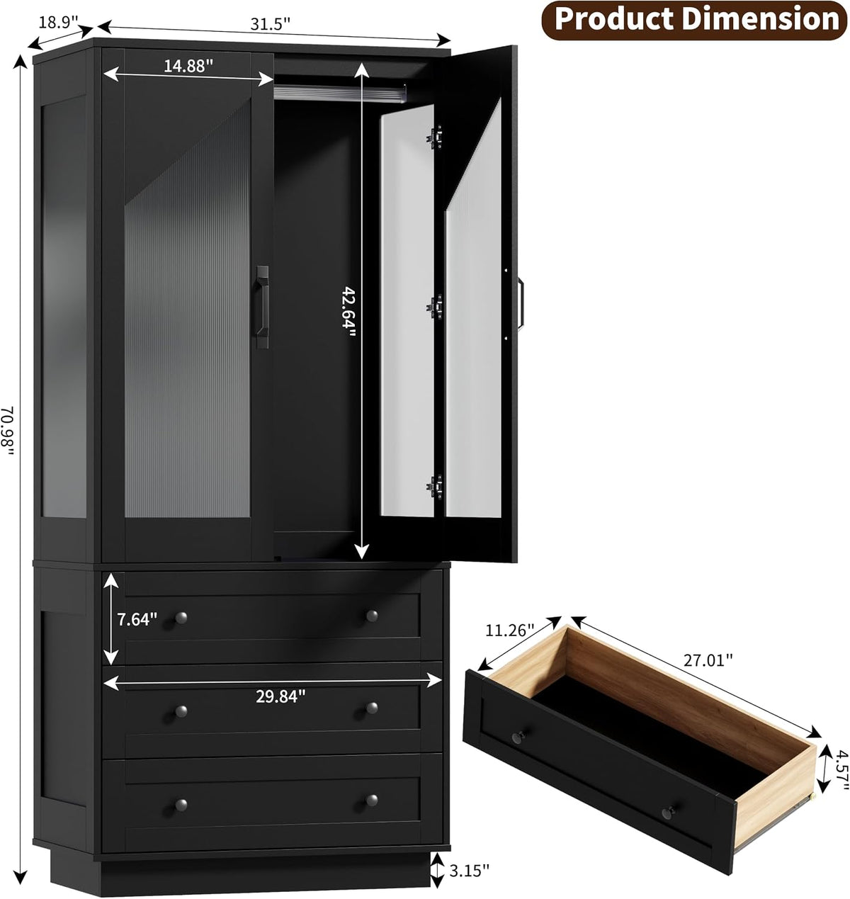 Gyfimoie Tall Armoire Wardrobe Closet with 2 Door and 3 Drawers