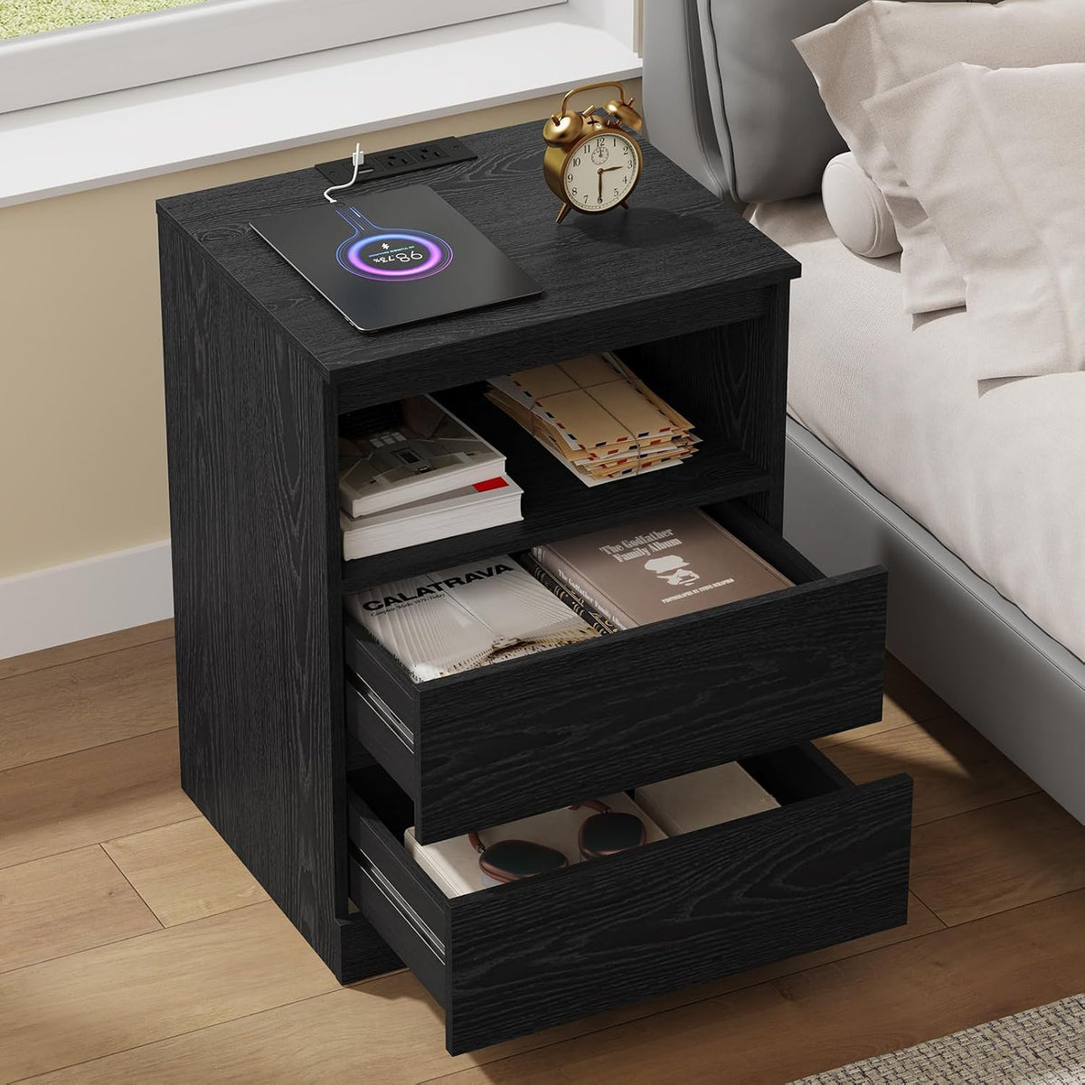 Nightstands Set of 2 with Charging Station, LED Lights and Drawer, Black