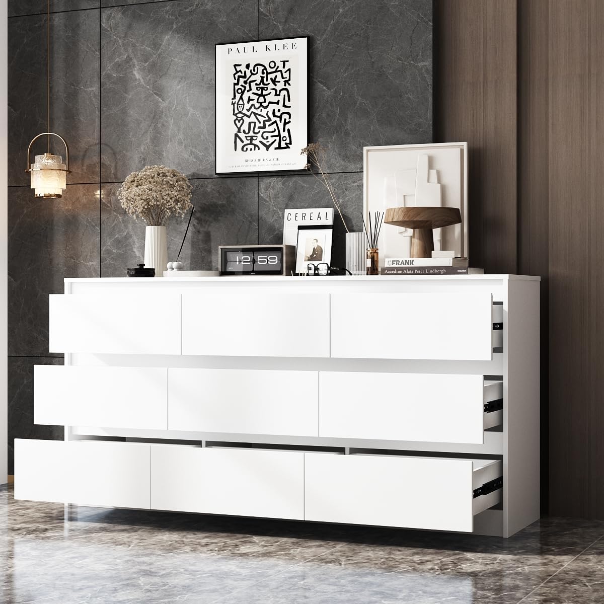 9 Drawer Dresser for Bedroom with Deep Drawers, Large Floor Wood Dressers & Chest of Drawers Handle Free, Modern White Long Dressers for Closet Living Room, Euro Slide (63"W x 15.7"D x 31.5"H)