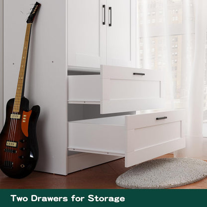 Fenghua Lizhi Wood White Wardrobe Closet with 2 Doors and 2 Drawers，Bedroom Freestanding Armoire Storage Cabinet with Shelves，Wooden Wardrobe Combination for Hanging Clothes (White 2 Drawers)