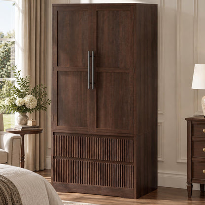 IDEALHOUSE 2 Fluted Drawer Armoire Wardrobe Closet with Glass Door, Farmhouse Freestanding Wooden Armoire Closet w/Hanging Rod, Storage Shelf, Clothing Storage Cabinet, Sturdy, for Bedroom, Natural