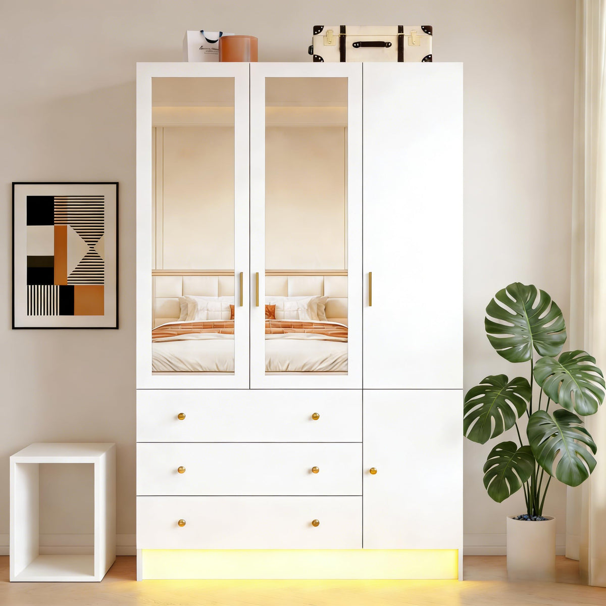 3 Doors Mirrored Wardrobe Armoire Closet with Drawers, LED Armoire Storage Cabinet with Adjustable Shelves & Hanging Rod, 74.8" H Freestanding Clothing Storage Cabinet for Bedroom, Black