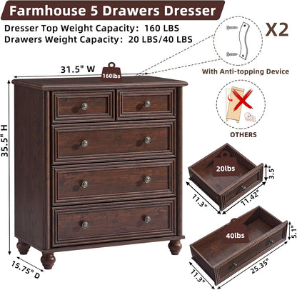 RWYHG Farmhouse 5 Drawer Dresser for Bedroom, 35.5" Small Dressers