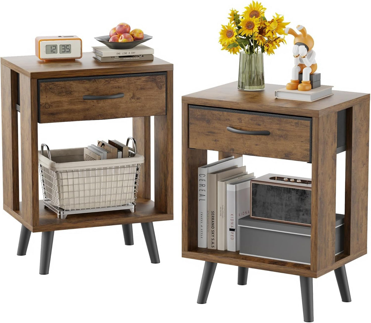 GYIIYUO 24" H Nightstands Set of 2 with Fabric Drawer, Dark Rustic Brown