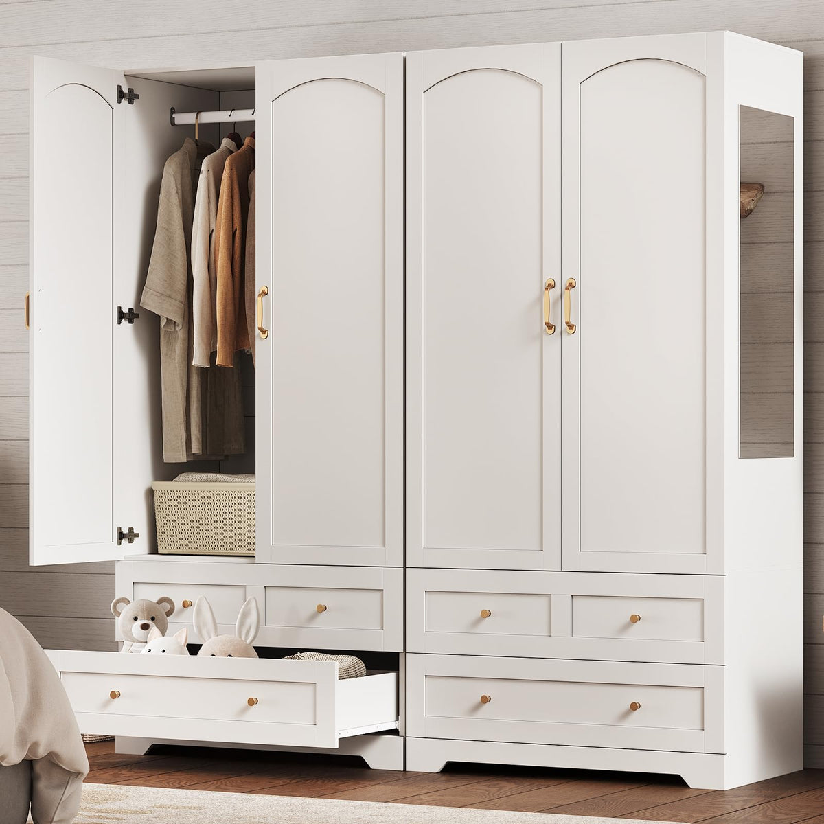 Armoire Wardrobe Closet with 2 Drawers & Mirror, White
