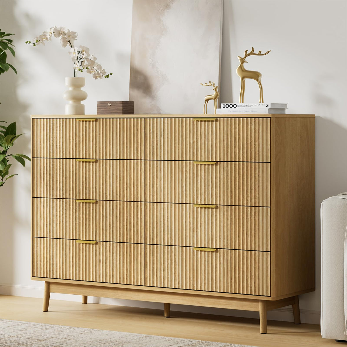 LYNSOM 55" Wide Fluted Dresser for Bedroom with 6 Drawer, Modern Chest of Drawers with Curved Profile Design and Metal Handles, Wood Dresser TV Stand & Storage Organizer for Living Room, Walnut