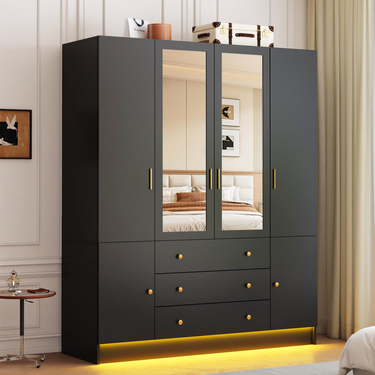 4 Doors LED Wardrobe Closet, 75" Tall Modern Armoire with Mirror & 3 Drawers, Wooden Armoire Wardrobe Closet for Bedroom, Hanging Rod, Freestanding Clothing Storage Cabinet, White