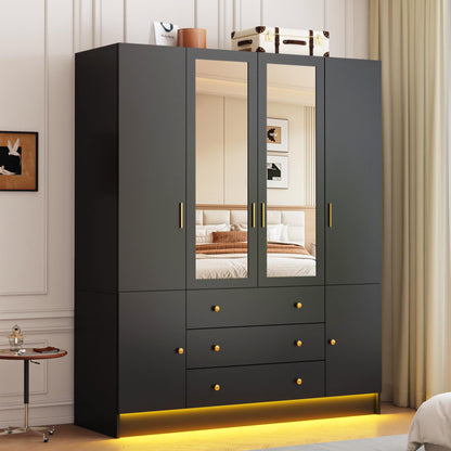 4 Doors LED Wardrobe Closet, 75" Tall Modern Armoire with Mirror & 3 Drawers, Wooden Armoire Wardrobe Closet for Bedroom, Hanging Rod, Freestanding Clothing Storage Cabinet, White