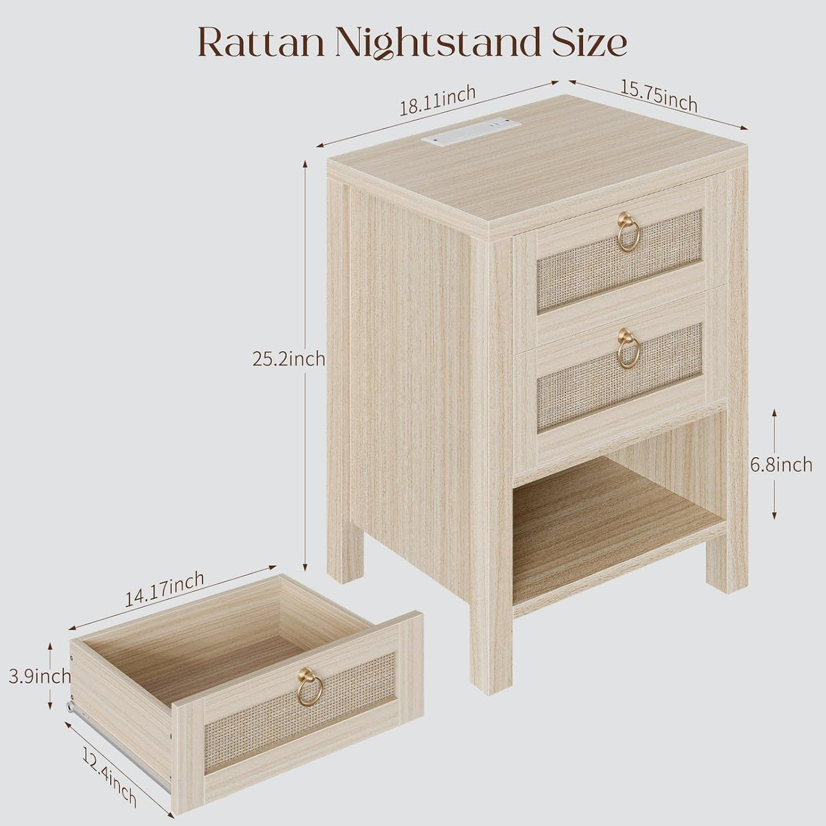 Rattan Nightstand with Charging Station - Boho Night Stand with 2 Drawers