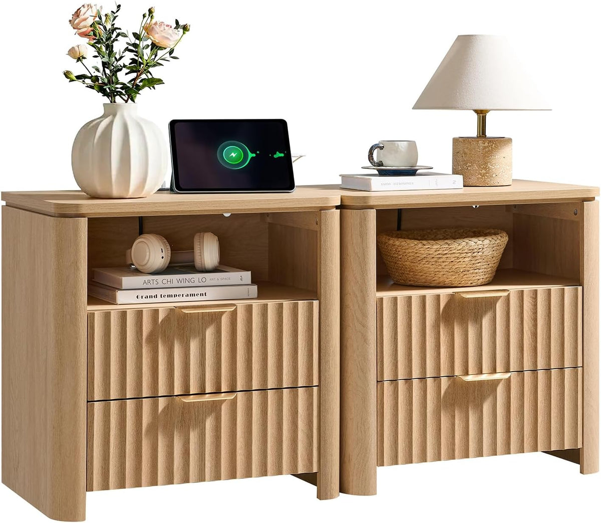 Fluted Nightstand Set of 2 with Charging Station, 23.7" Wide Modern End Table with 2 Drawers, Wooden Bedside Table for Bedroom, Curved Profile Design, Natural