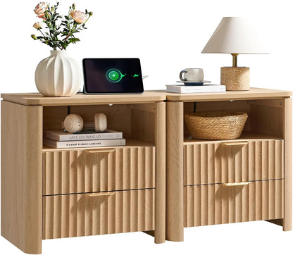 Fluted Nightstand Set of 2 with Charging Station, 23.7" Wide Modern End Table with 2 Drawers, Wooden Bedside Table for Bedroom, Curved Profile Design, Natural