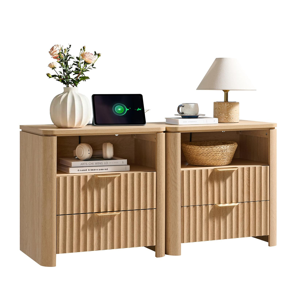 Fluted Nightstand Set of 2 with Charging Station, 23.7" Wide Modern End Table with 2 Drawers, Wooden Bedside Table for Bedroom, Curved Profile Design, Natural