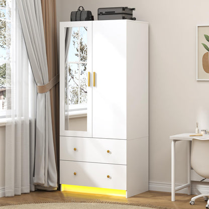 jiteentarou 3 Door Wardrobe Closet with Mirror and LED Lights, Bedroom Armoire with Drawers Shelves, Modern Wooden Armoire Wardrobe Closet with Hanging Rod for Bedroom, Black