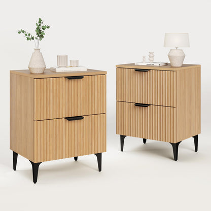 Walnut Fluted Nightstand Set of 2, Modern Night Stands with 2 Drawers