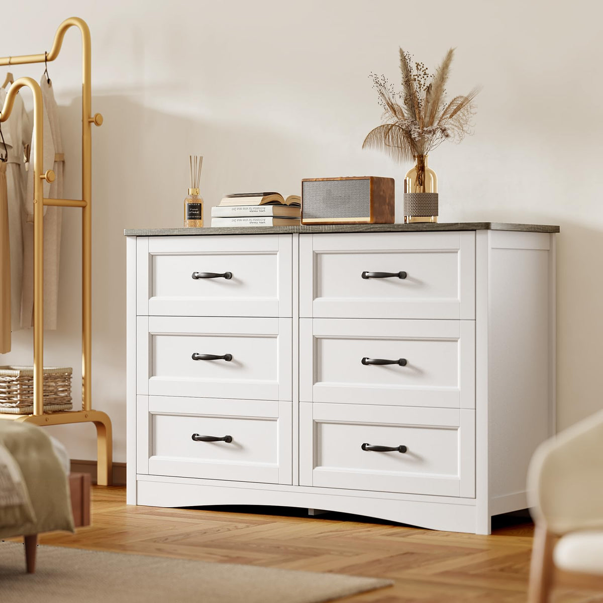Gizoon 47" 6 Drawer Dresser, Black Wide Chest of Drawers for Bedroom
