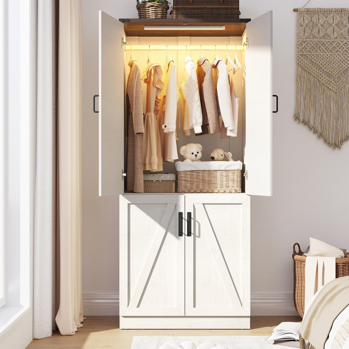 75" Tall Farmhouse 2 Doors Armoire Wardrobe Closet with 3 Drawers and LED,Freestanding Closet Wardrobe Cabinet for Bedroom with Hanging Rod,Wooden Armoire Storage Cabinet with Adjustable shelve(Black)