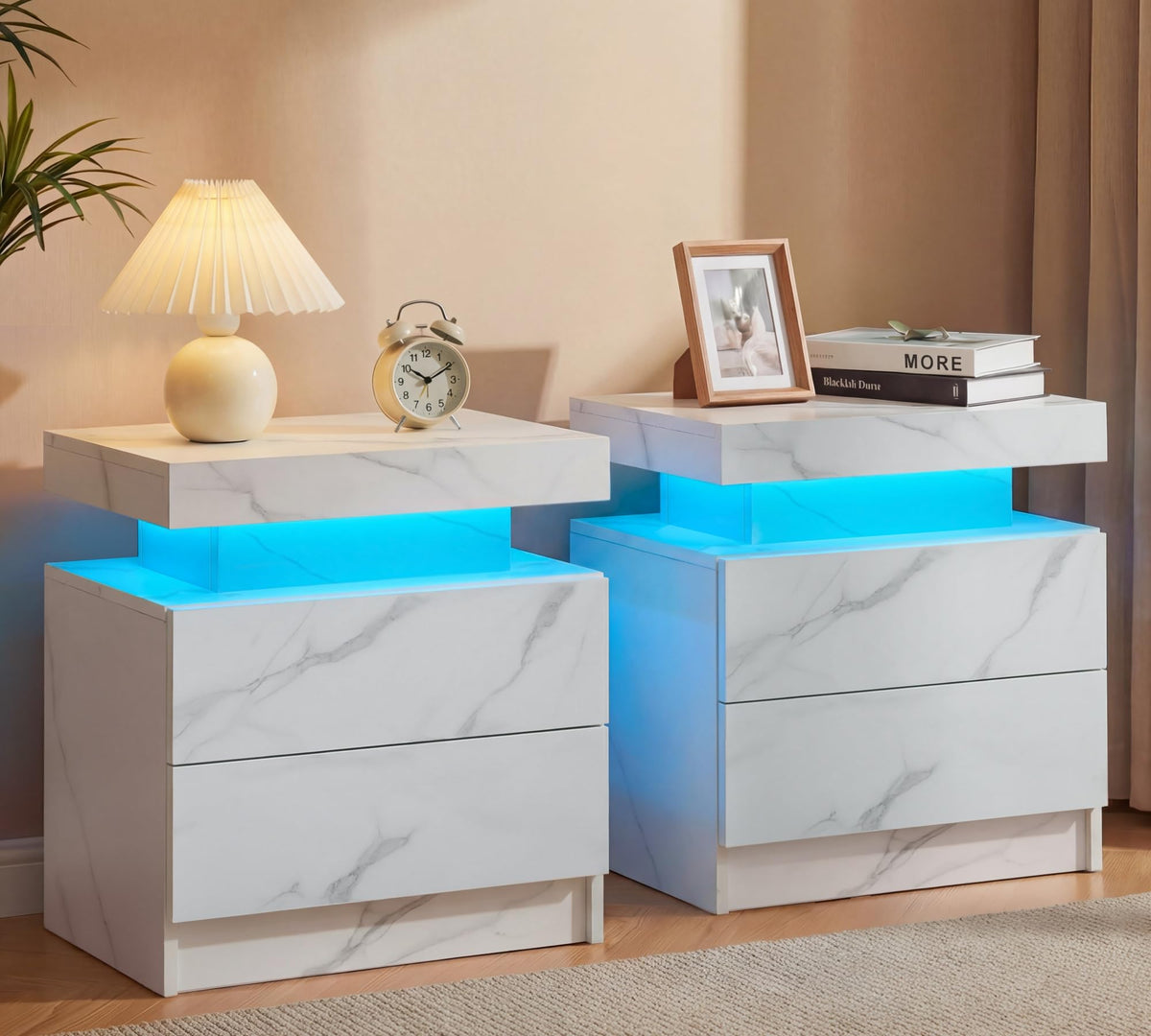 i-aplus Black Modern LED Nightstand Set of 2 with 2 Wood Drawer for Bedroom
