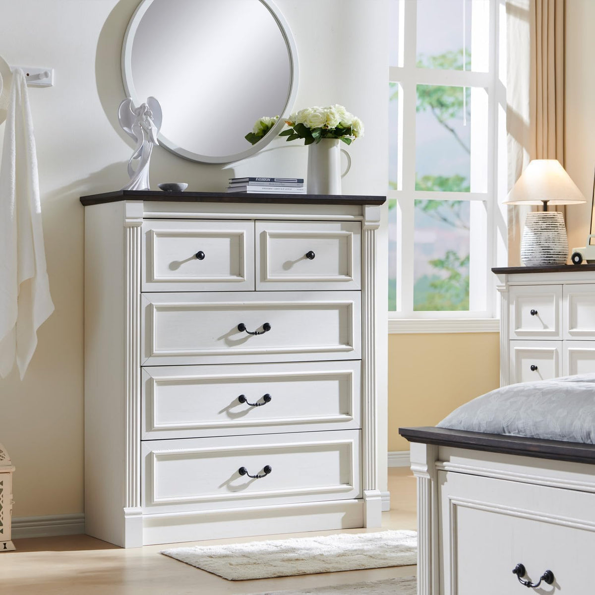 Aitjunz Farmhouse 46" Tall 5 Drawers Dresser for Bedroom, Antique White