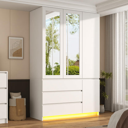 75" Tall Modern Wardrobe Closet with 2 Mirrors,LED Lights, 63"W Armoire Wardrobe Cabinet with 3 Drawers, Hanging Rod,Shelves, Freestanding Bedroom Storage Closet, Wooden Clothing Organizer, White