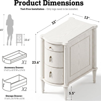 STO'SENSE Nightstand w/Charging Station & 3 Drawers, Pre-Assembled, Vintage Side Table w/Antique-Finished Pulls, Rustic Wood Finish, Narrow End Table w/Turned Legs for Bedroom (1, Ivory White)