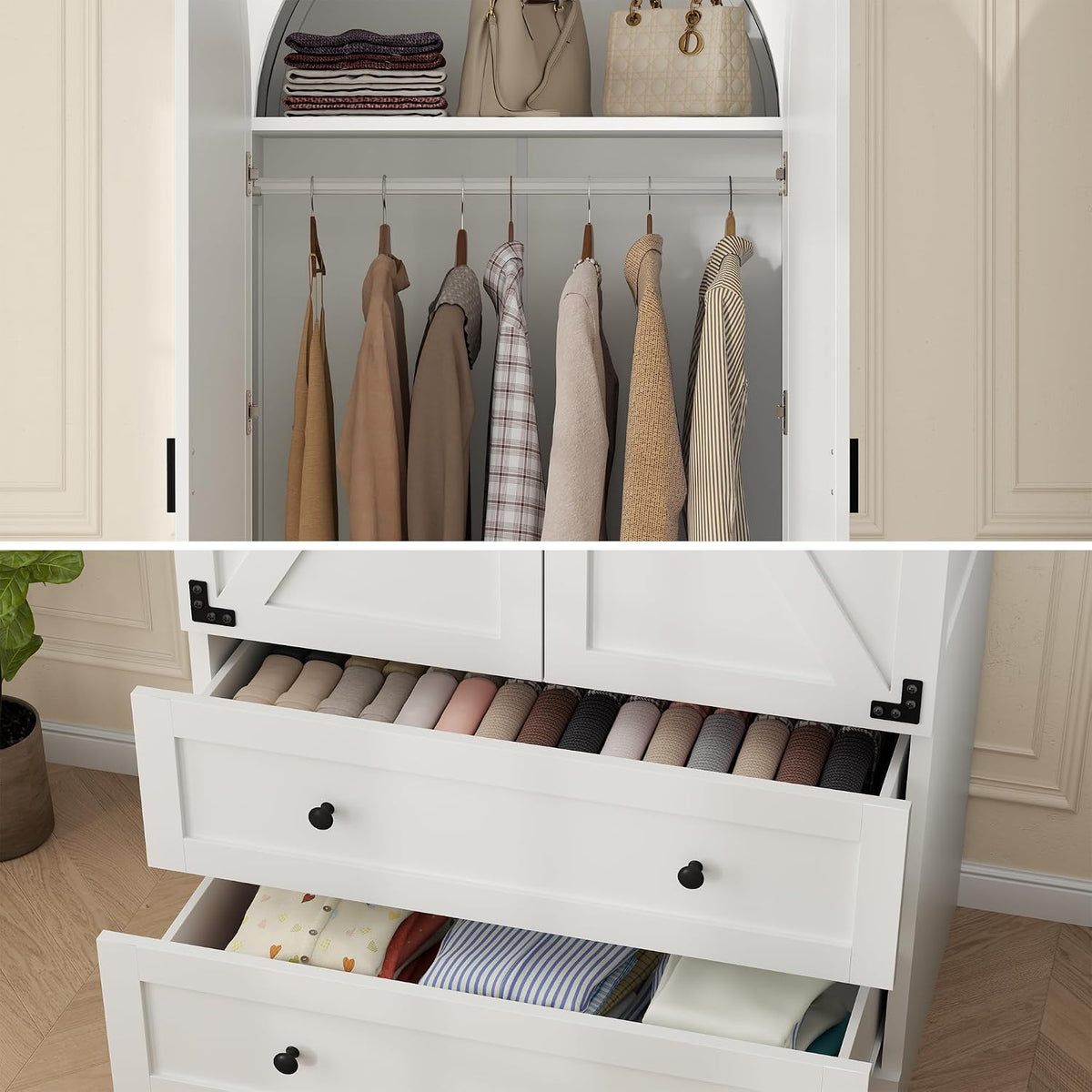 Gyfimoie White Armoire Wardrobe Closet with 2 Drawers, 75" Wooden Wardrobe with 2 Doors, Freestanding Closet Armoire Cabinet with Hanging Rack, Clothing Storage Cabinet for Bedroom (White)