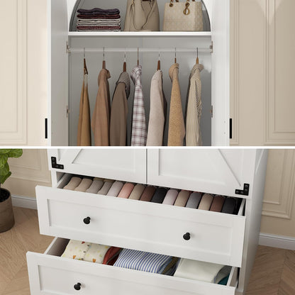 Gyfimoie White Armoire Wardrobe Closet with 2 Drawers, 75" Wooden Wardrobe with 2 Doors, Freestanding Closet Armoire Cabinet with Hanging Rack, Clothing Storage Cabinet for Bedroom (White)