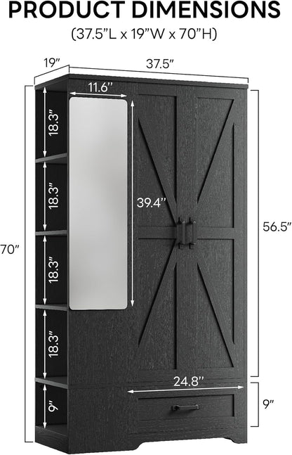 LIKIMIO Armoire Wardrobe Closet 70 Inches, Large Storage with Mirror, 2 Doors, Drawer, and Shelves, Modern Bedroom Freestanding Wooden Wardrobe Combination with Hanging Rail, Black