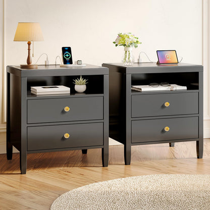 Huuger Black Nightstand Set of 2, Night Stand with Charger Station