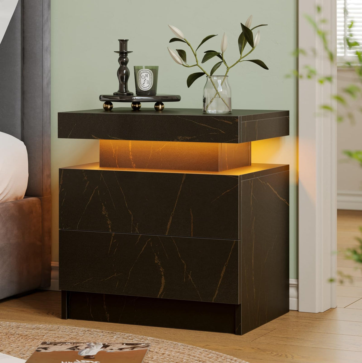Modern White LED Nightstand for Bedroom Bedside Table with 2 Wood Drawers