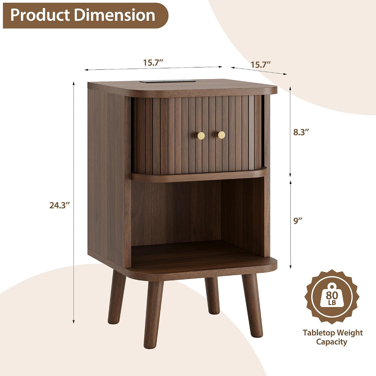 Decofy Fluted Nightstand Set of 2, Charging Station & Sliding Doors, Walnut