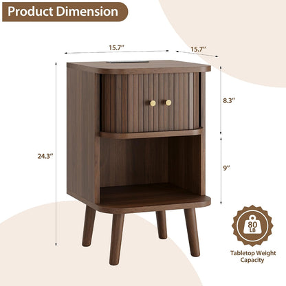 Decofy Fluted Nightstand Set of 2, Charging Station & Sliding Doors, Walnut