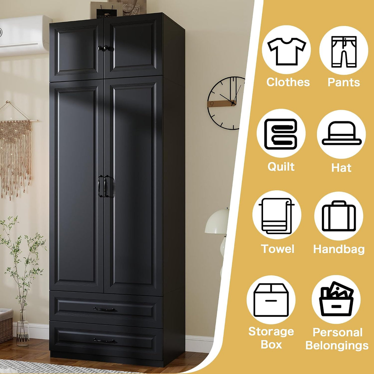 Black Armoire Wardrobe Closet with 2 Drawers: 89" H x 31.5" W