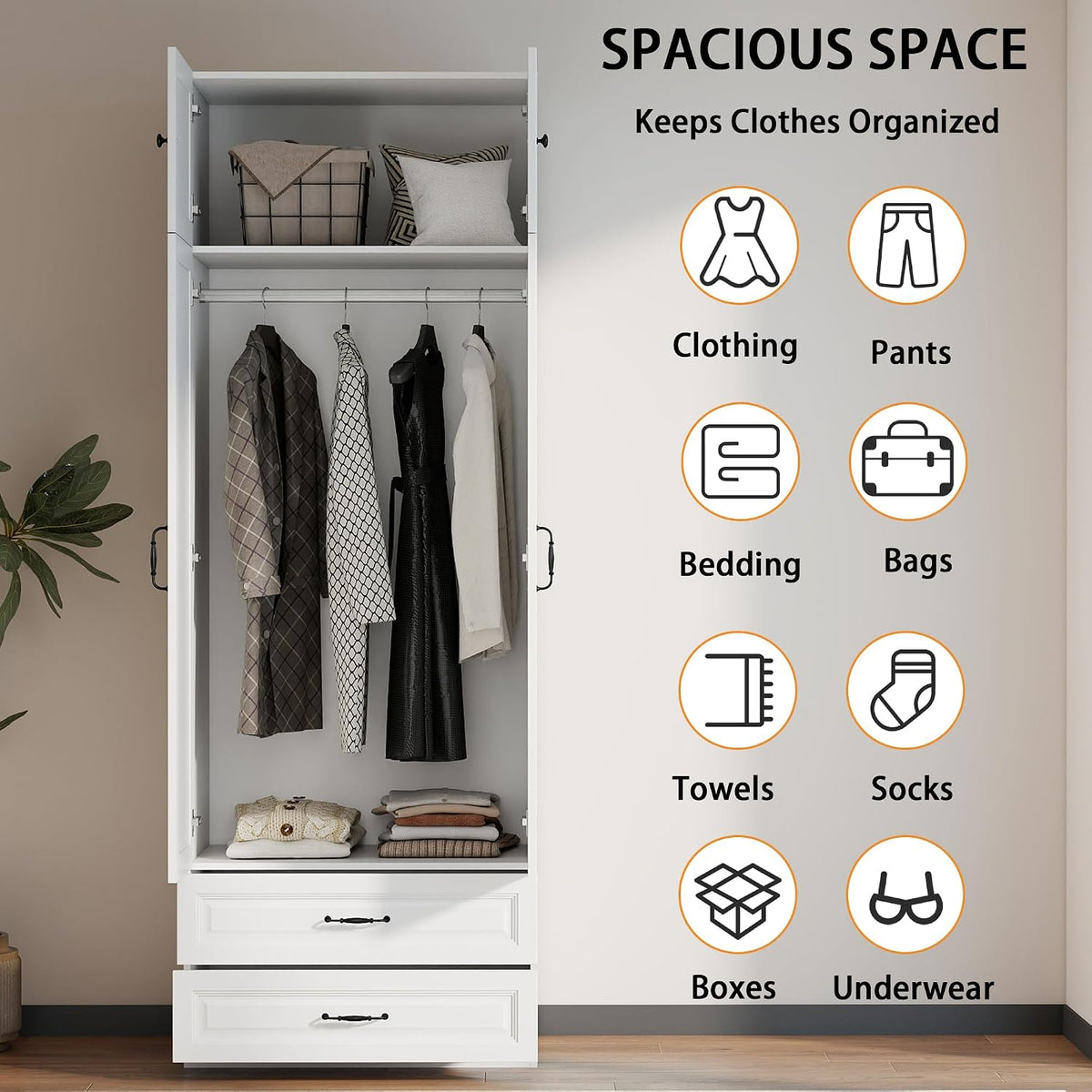 Armoire Wardrobe Closet with Drawers: 31.5" Large Wood Wardrobe Closet with 2 Doors and 2 Drawers, Modern Clothes Storage Cabinet for Bedroom Armoire with Shelves (White, 31.5")