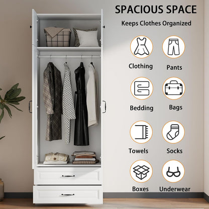 Armoire Wardrobe Closet with Drawers: 31.5" Large Wood Wardrobe Closet with 2 Doors and 2 Drawers, Modern Clothes Storage Cabinet for Bedroom Armoire with Shelves (White, 31.5")